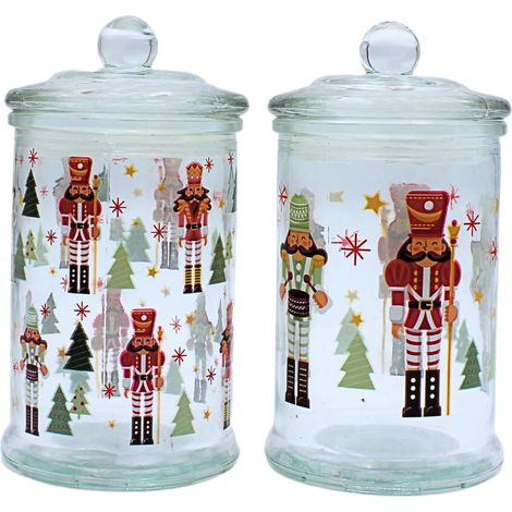 Boîte aromatique, boîte de conservation, récipient en verre avec motif de Noël, boîte à biscuits avec motif casse-noisette, H x Ø : 19 x 10 cm, capacité 600 ml par verre (1/5)