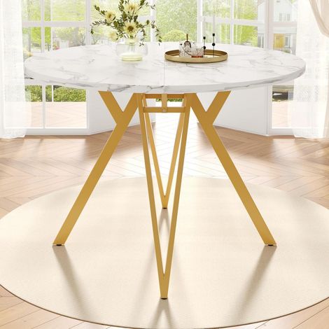 Runder Esstisch 100cm Marmor-Optik mit Metallbeinen, modern, weiß (1/5)