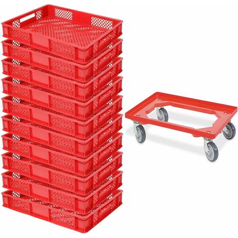 BRB Lot de 10 bacs euro, L x l x H 600 x 400 x 90 mm, qualité industrielle, qualité alimentaire + 1 chariot de transport (rouge/rouge)