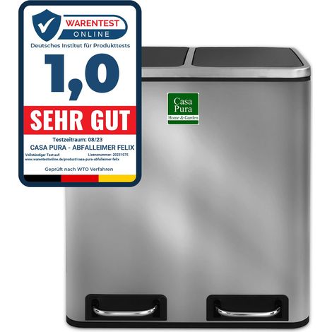 Felix Poubelle Tri Sélectif Amortisseur de Fermeture Design Idéal pour Cuisine et Bureau Argenté, 2 x 15 Litres (1/5)