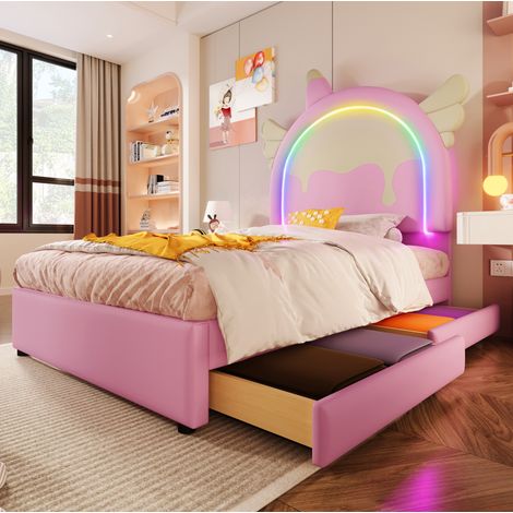 Cama tapizada unicornio rosa de PU 90x200 cm con cabecero, luz LED y 2 cajones (1/5)