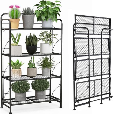 COSTWAY 4-stufiger Metall Pflanzenständer klappbar, Blumenregal mit anpassbarer Ablage, belastbar bis 40 kg, Pflanzenregal Blumentreppe, Pflanzentreppe Garten Terrasse Balkon Indoor Outdoor, Schwarz (1/5)