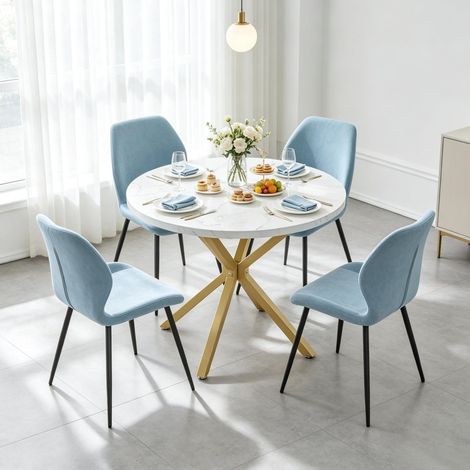 Table à manger ronde Ø100x76,5 cm bois acier blanc doré, 2-4 personnes petit espace – MEUBLIV (1/5)