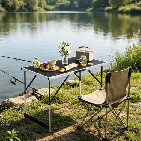 Mesa plegable 100x60x73-94 cm negra de aluminio y MDF regulable en altura (1/5)