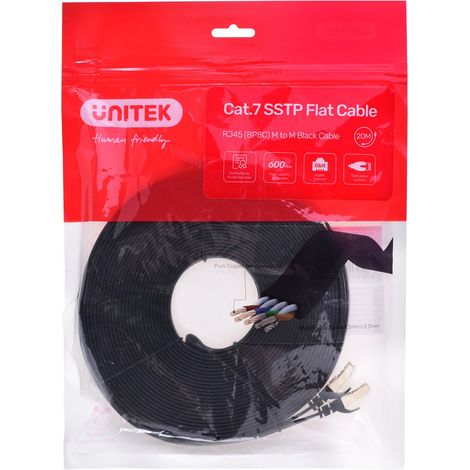 UNITEK Unitek C1897BK Câble plat Ethernet catégorie 7 avec connecteurs RJ45 plaqués or 100% cuivre SSTP Structure torsadée à double blindage Compatible avec 10GBaseT 20 m (C1897BK-20M) (1/5)