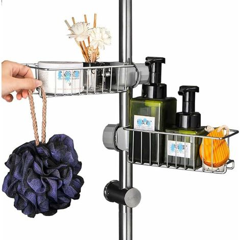Lot de 2 Étagère Douche Inox Sans Perçage,Ajustable Serviteur Douche Télescopique,Porte Savon Barre Douche avec crochet,pour Salle de Bain/Cuisine 17,2 cm (1/5)