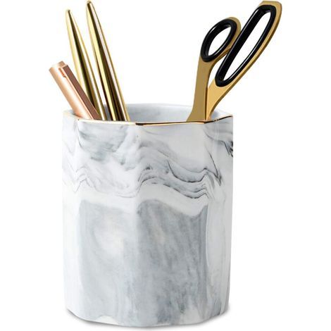Design exquis à motif marbré, organiseur de bureau portable, porte-stylo en céramique durable, organisateur parfait pour les pinceaux de maquillage, un cadeau de papeterie pour les filles (1 pièce). (1/5)