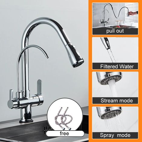 Robinet de cuisine à eau pure noir mat chromé, double poignée, mitigeur extractible pour eau chaude et froide. (1/5)