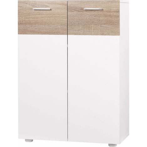 Meuble de salle de bain sur pied avec 2 portes et étagères intérieures réglables, meuble d'appoint en bois multifonctionnel pour salon, cuisine, salle à manger, 60 x 30 x 85 cm, blanc (1/5)