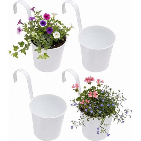 Lot de 4 Pots de Fleurs Suspendus Style Shabby - en métal - avec Crochet - pour extérieur, Balcon, Jardin - Blanc (1/5)
