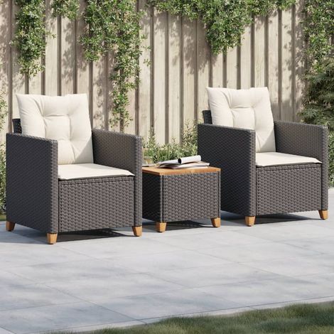 3-tlg. Bistro-Set mit Kissen Schwarz Poly Rattan Akazienholz (1/5)