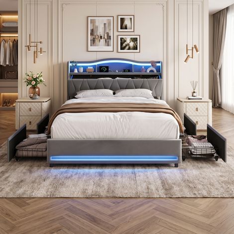 Superaly Lit double capitonné 160x200 cm, avec 4 tiroirs, Espace de rangement en tête de lit, Éclairage LED, Port USB, Convient aux adolescents et aux adultes, Velours, Gris foncé (1/5)