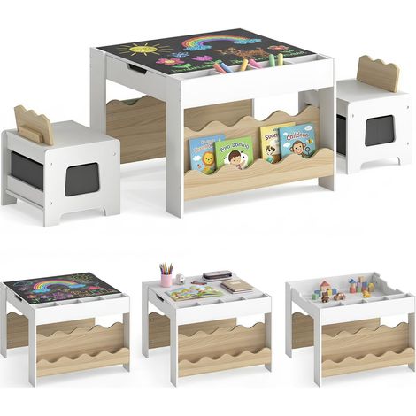 COSTWAY 4 in 1 Set Tavolo e 2 Sedie per Bambini 3+ Anni (Naturale e Bianco) (1/5)