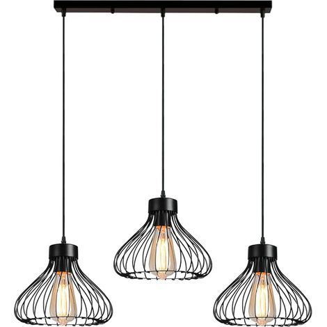 3 Lampes Suspension Luminaire Industrielle Lustre Plafonnier Abat-jour en Métal en Forme de Cage Vintage Lampe pour Cuisine Salle à Manger Salon Chambre Bar Couloir Restaurant - 23cm, Noir (1/5)