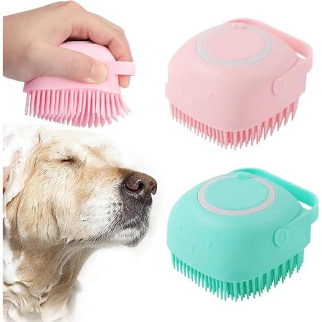 Brosse de bain pour chien en silicone souple, distributeur de shampoing pour animaux, massage sous la douche, pour chiens et chats à poils courts et longs, bleu et rose, lot de 2. (1/5)