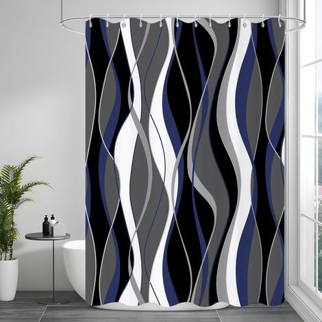 Rideau de Douche, 120x200cm, Moderne Abstrait Noir Gris Blanc Bleu Ombre Rayé Art Minimaliste Imperméable Rideau de Salle de Bain Lavable en Machine avec Crochets (1/5)