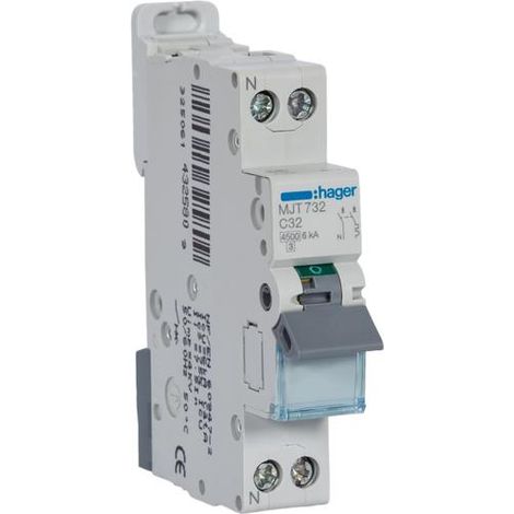 Hager – Disjoncteur unipolaire 32A – Courbe C – 4.5kA – Raccordement vis – 1 module pour circuits Ph+N