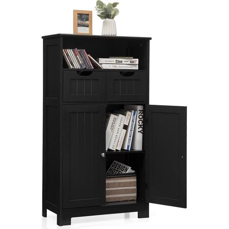 GOPLUS Armoire de Salle de Bain sur Pied avec Planche Mobile et 2 Tiroirs Reglables,Meuble de Rangement sur Pied a 2 Portes pour Cuisine,Salon,Salle de Bain,60 X 30 X 109CM (Noir) (1/5)