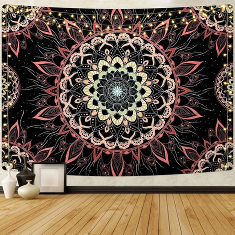 Tapiz mandala indio, estilo bohemio, hippie, estético, para colgar en la pared, ideal para dormitorio, sala de estar o cualquier hogar Colores: negro y naranja Medidas: 200 x 150 cm (1/5)