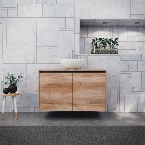 Inda - Badezimmerschrank B.100 mit Aufsatzwaschbecken / Natureiche 2 Türen - Saphir