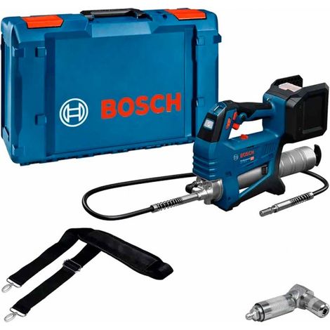 Pistola de engrasado a batería GFP 18V-10 con Bosch Professional 18V System (presión operativa máxima de 10 000 psi, caudal máximo de hasta 320 g/min., incl. acoplador de 90°, correa para el hombro)