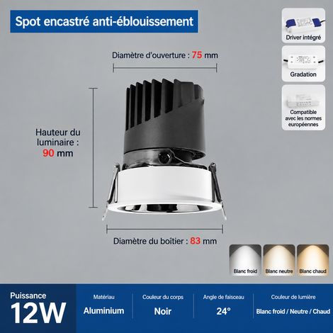 Spot encastrable COB 12W orientable 30° anti-éblouissement réflecteur gris canon Ø83mm perçage 75mm lumière blanche 12w 83 75mm réf 141 g – Livraison gratuite