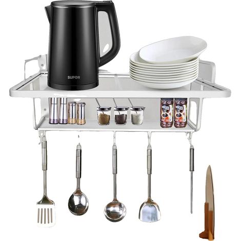 Mikrowellenregal, Aluminiumlegierung, doppelt, wandmontiert, 10 Haken, verstellbare Abmessungen (1/5)