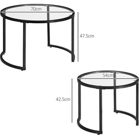 Lot de 2 tables d'appoint avec piètement en acier noir, plateau en verre trempé, empilables partiellement, pour salon et espace détente (1/4)