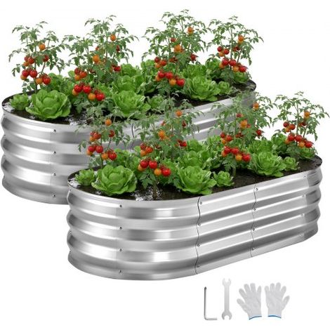 Hochbeet Metall 2er-Pack 120x60x30 cm, Ovales Gartenbeet, Pflanzkasten-Set für den Außenbereich, Gemüsebeet mit Handschuhen, Blumenbeet, Pflanzbeet für Blumen & Gemüse, Silber (1/5)