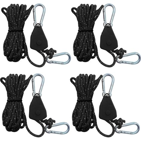 Set of 4 Ratchet Tensioners, Adjustable Ratchet Rope Retractable Pulley, 4 m Reflective Tent Rope for Attaching a Tent in Full Equipment Essential for Camping Travel Black (1/5)