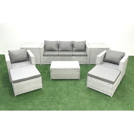 Fimous Salon de jardin avec Canapé 3 places 2 Chaise Table basse rectangulaire 2 Grand tabourets 2 Tables d'appoint Gris clair mixte 7 places (1/5)