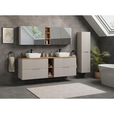 Meuble de salle de bain suspendu 140 cm – cachemire – niche beige – fermeture douce – plan de toilette effet marbre blanc – sans vasque (1/5)