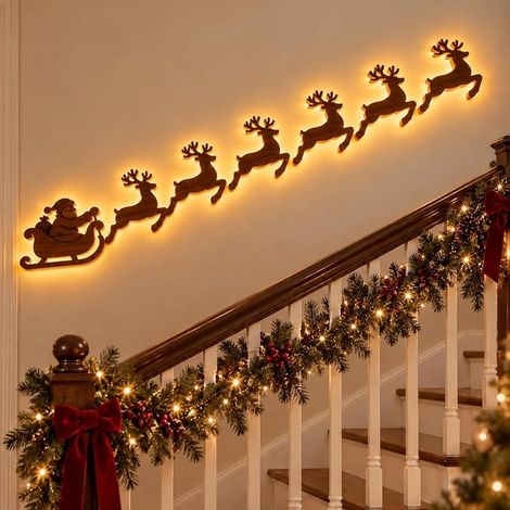 Décorations murales à DEL en forme de renne – Éclairage festif de Noël, 7 pièces de renne en bois lumineux 3D, lumières murales luminescentes pour décoration de maison, fenêtre, fête, A (1/5)