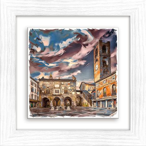 Lupia - Quadro moderno con paesaggi e localismi italiani, Ceramica e Stampa Rilievo, Cornice Legno Shabby Modern bianca, Decorazione Parete, Quadretti Soggiorno, 29x29 cm, BERGAMO PIAZZA VECCHIA (1/4)
