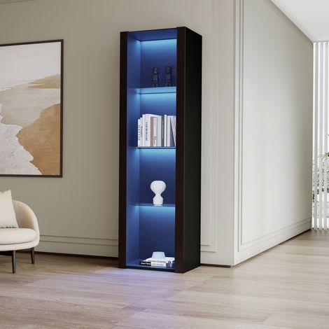 Vitrina de aglomerado negro brillo con LED, 3 baldas de vidrio, 55 x 38 x 166 cm (1/5)