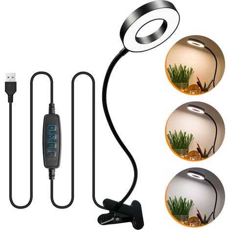 LED-Schreibtischlampe, Klemmleuchte mit USB-Ladegerät, 360° flexible Leselampe mit Klemmbefestigung, 3 Beleuchtungsmodi & 10