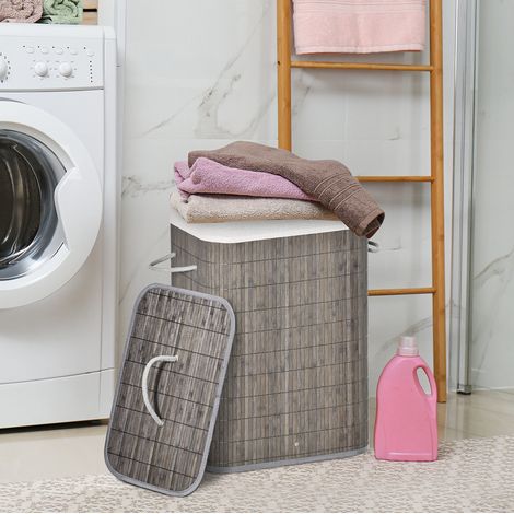 Cesto portabiancheria in bambù 83 L con coperchio, maniglie e sacco interno estraibile, grigio (1/5)