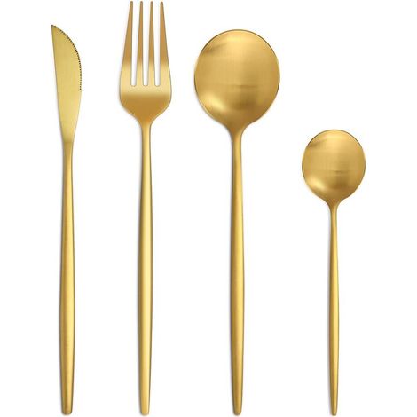 Juego de cubiertos para 6 personas, juego de 24 piezas de acero inoxidable, color oro mate, tenedores y cucharas, cubiertos de acero inoxidable (1/5)