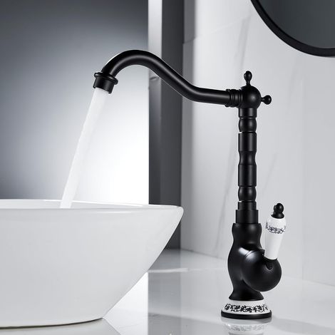 Robinet Lavabo Noir, Mitigeur de Lavabo Vasque Haut Pivotant à 360°, Robinet de Salle de Bain en Laiton, Rétro Mitigeur de Lavabo, G3/8 (1/5)