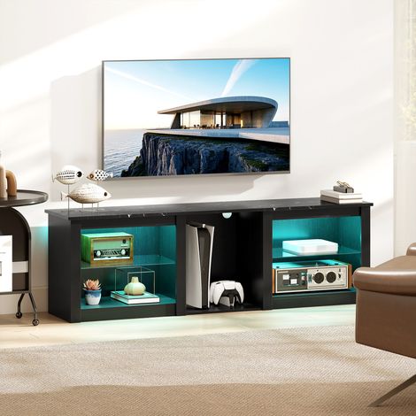 Meuble TV LED 160 cm noir, étagères vitre ajustables, support écran jusqu'à 65 pouces