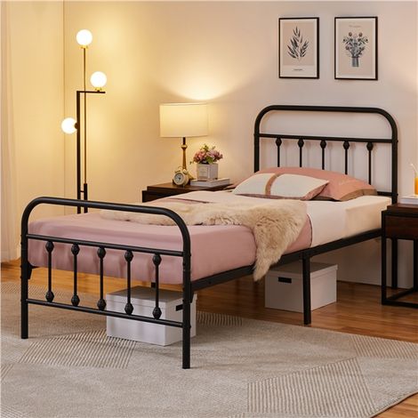 Yaheetech Struttura Letto in Ferro con Spazio Aggiuntivo sotto Il Letto per Camera da Letto Soggiorno Nera Singolo 90 x 200 cm