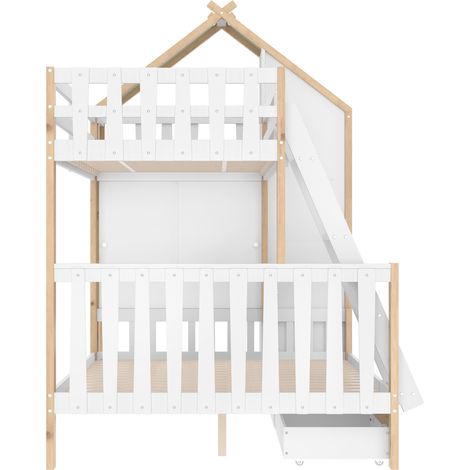 Lit superposé enfant 90x200 cm + 140x200 cm avec toit, échelle et tiroirs, blanc naturel (1/5)