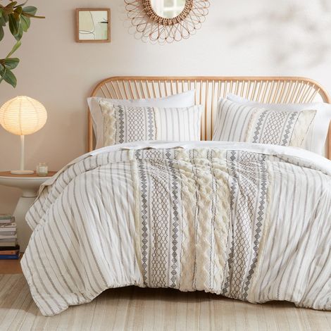 Parure de lit 3 pièces avec Housse de Couette 100% Coton Style Moderne du Milieu du siècle, taies Assorties, lit Double/Grand lit, Motif Chenille capitonné Ivoire (1/5)