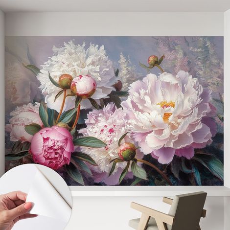 Papier peint autocollant avec imprimé décoratif pour salon et chambre à coucher Installation facile Bouquet de pivoines 152x104 cm (1/5)