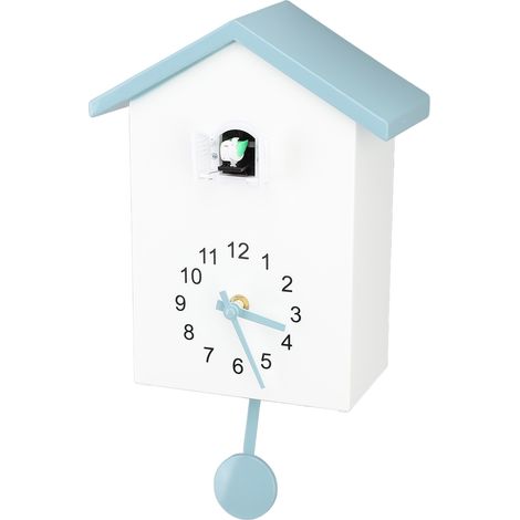 Horloge murale niche à oiseaux avec chant d'oiseau déco élégante à pendule pour bureau chambre salon toit bleu gris (1/5)
