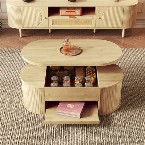 Klappbarer Couchtisch 110 x 55,5 x 40 cm – ausziehbares Regal, klappbare Tischplatte – geschwungene Holzseiten – Holz
