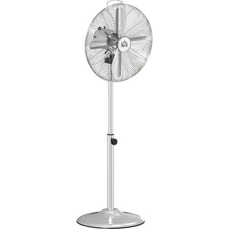Ventilateur sur pied métal argent hauteur réglable 87–120 cm Ø44,5 cm 50W, 4 pales acier, 3 vitesses, oscillation 70°, inclinaison 10° pour salon garage bureau camping-car (1/5)