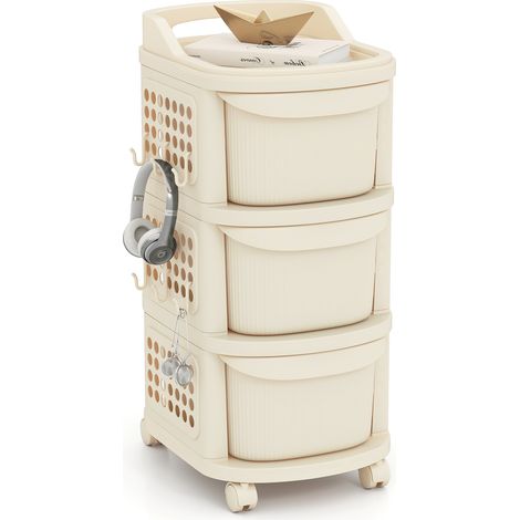 COSTWAY 3-Drawer Utility Cart Rolling Plastic Storage Organizer w/6 Hooks-White (1/5)