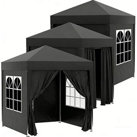 3er-Set  faltpavillon 2x2m mit 4 Seitenwänden und Fenstern, UV-Schutz, Gartenzelt inkl. Tragetasche, Stahl Oxford Schwarz