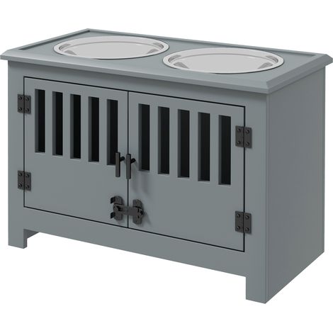 Station d'alimentation surélevée pour grands chiens, 2 gamelles en acier inoxydable, espace de rangement, 35,5 x 60 x 30 cm, grise